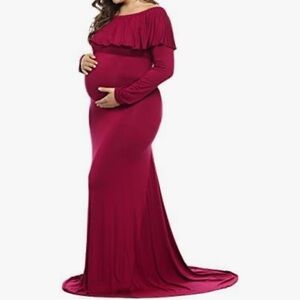 JustVH Maternity Off Shoulder Fitted Gown – Long Sleeve Ruffle Maxi Dress